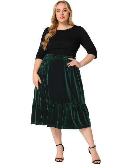 Agnes Orinda - Elastic Waist Ruffle Hem Midi Velvet Skirt