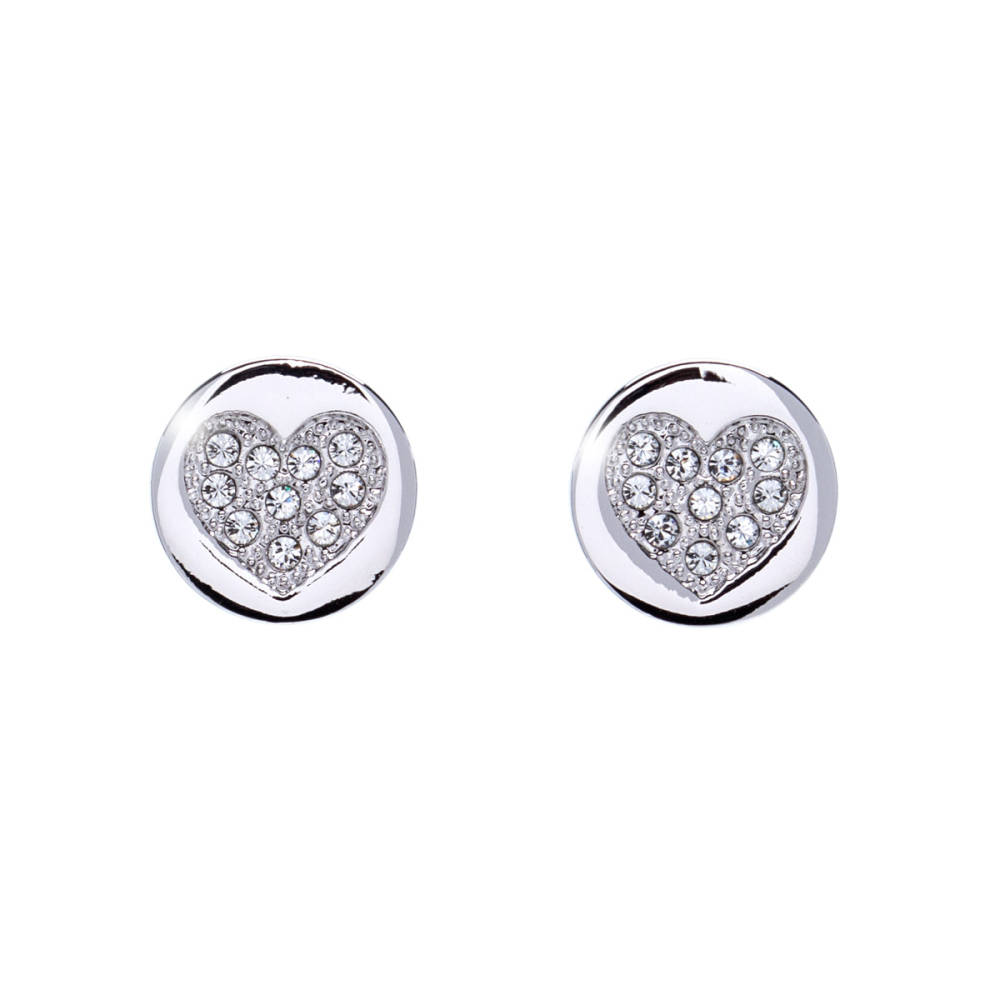 Silvertone Disk Studs with Pave Heart Crystals in Rhodium Finish by callura