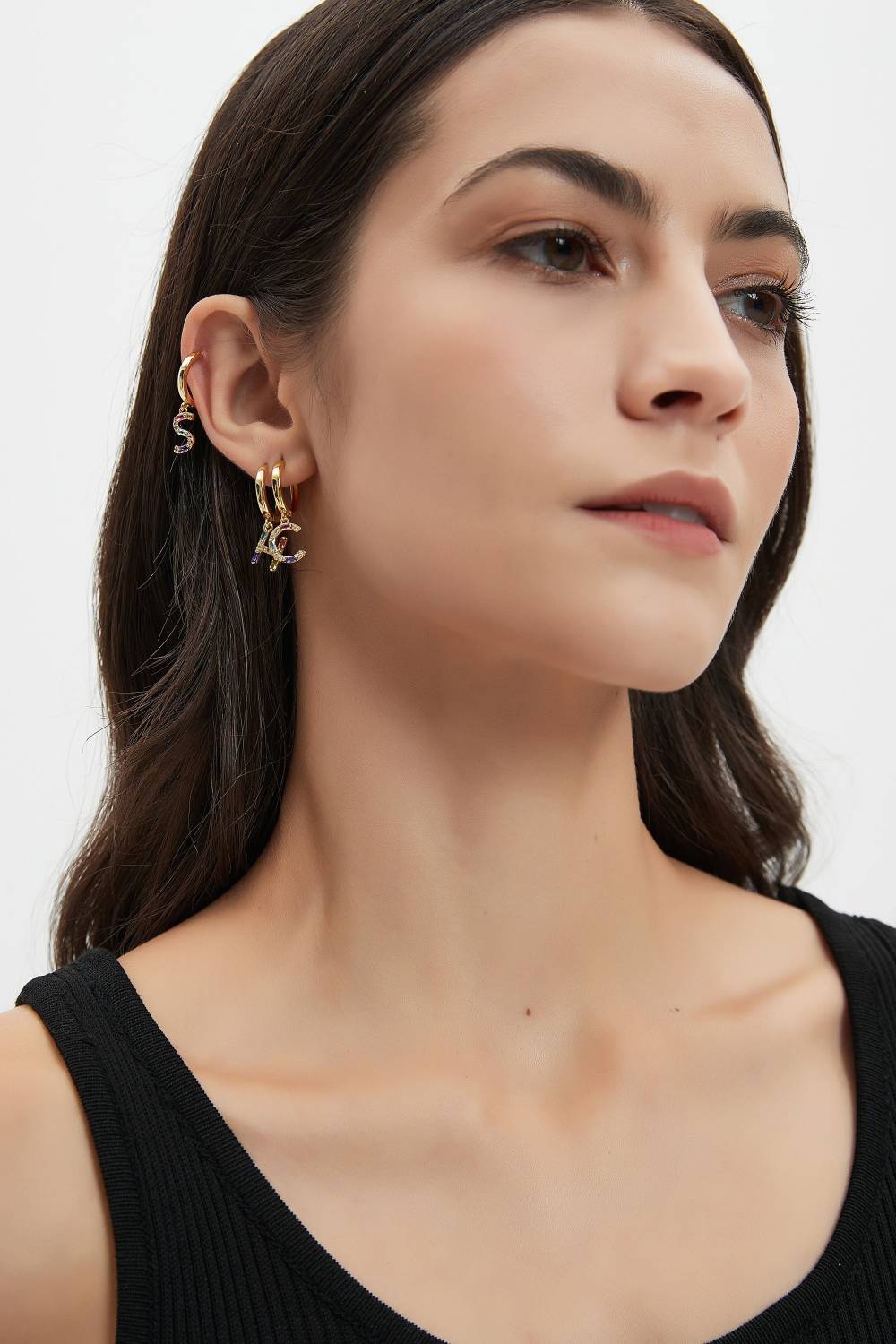 Classicharms-Single Pavé Initial Charm Drop Huggie Hoop Earring-Letter ...
