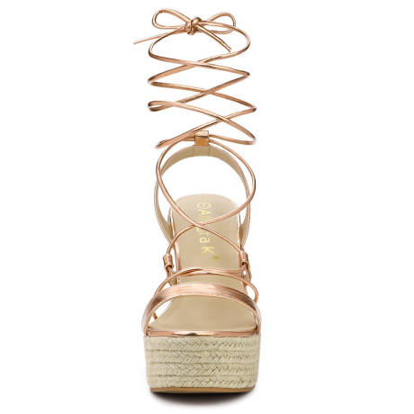 Allegra K- Espadrilles Platform Wedges Heel Rose Gold Lace Up Sandals