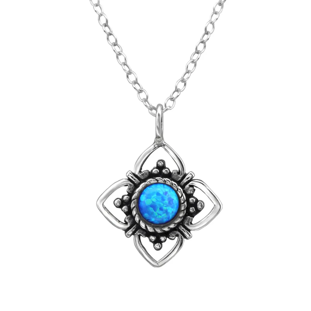 Sterling Silver Lab-Created Opal and Openwork Flower Pendant Necklace - Ag Sterling