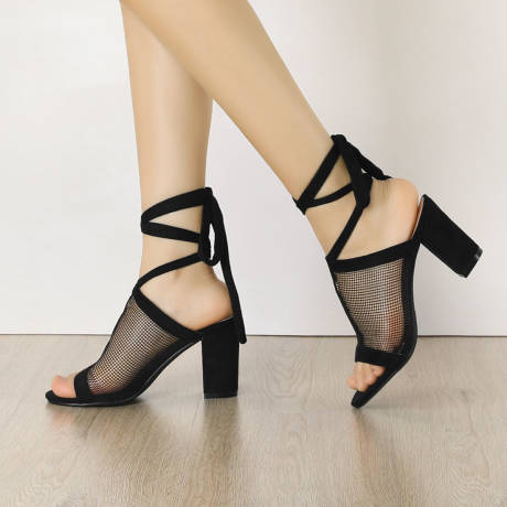 Allegra K - Mesh Block Heel Lace Up Sandals
