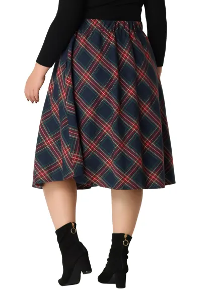 Agnes Orinda - Vintage A-line Plaid Flare Midi Skirt