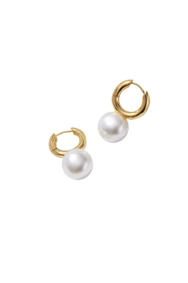 Classicharms-Gold Pearl Drop Hoop Earrings
