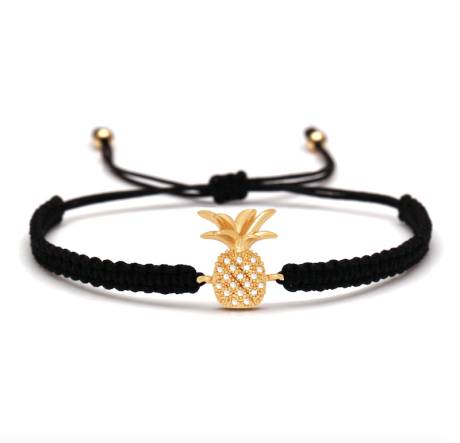 Bracelet Ajustable Tressé Noir avec Ananas en Cristal Doré - Don't AsK