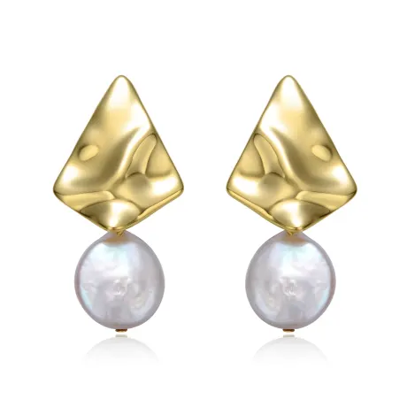 Genevive Sterling Silver 14k Yellow Gold Plated with White Coin Pearl Drop Geometric Rippled 3D Double Dangle Earrings