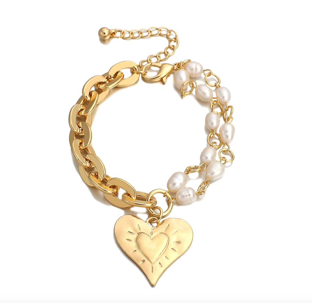 Bracelet en Or avec Perles d'Eau Douce et Charm Cœur par Don't AsK