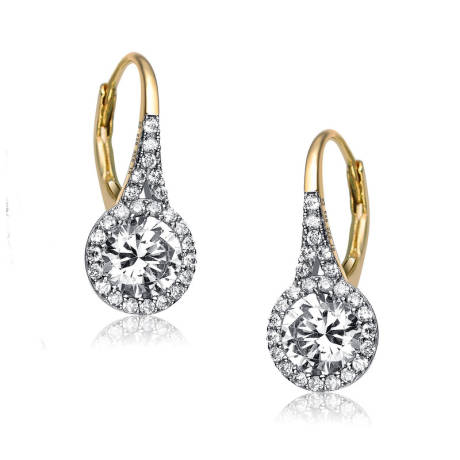 Genevive Sterling Silver with Clear Round Cubic Zirconia Partially Paved and Haloed Solitaire Drop Earring