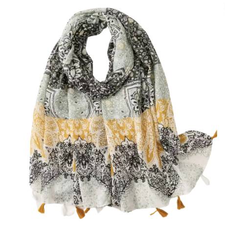 Paisley Lightweight Scarf with Tassels in Sage and Mustard - Don't AsK