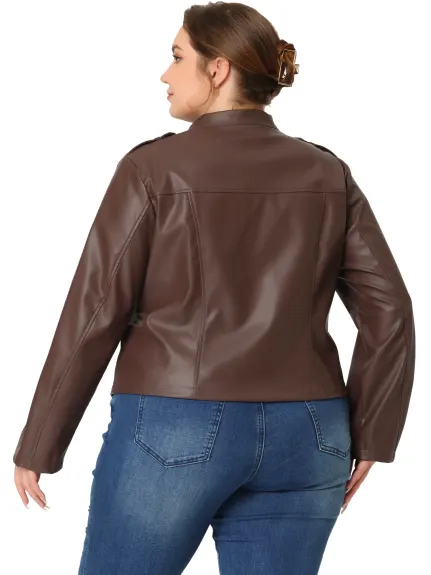 Agnes Orinda - Faux Leather Zip Up Motorcycle Jacket