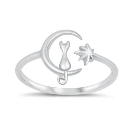 Sterling Silver Cat on Crescent Moon & Star Ring - Ag Sterling