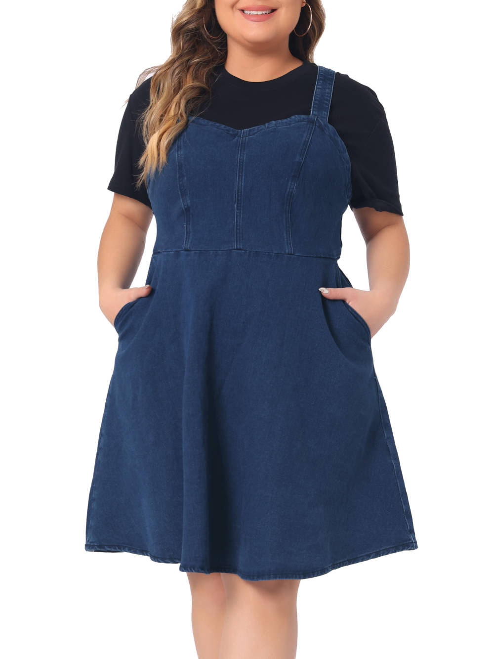 Agnes Orinda - A-Line Denim Overall Dress with Pockets