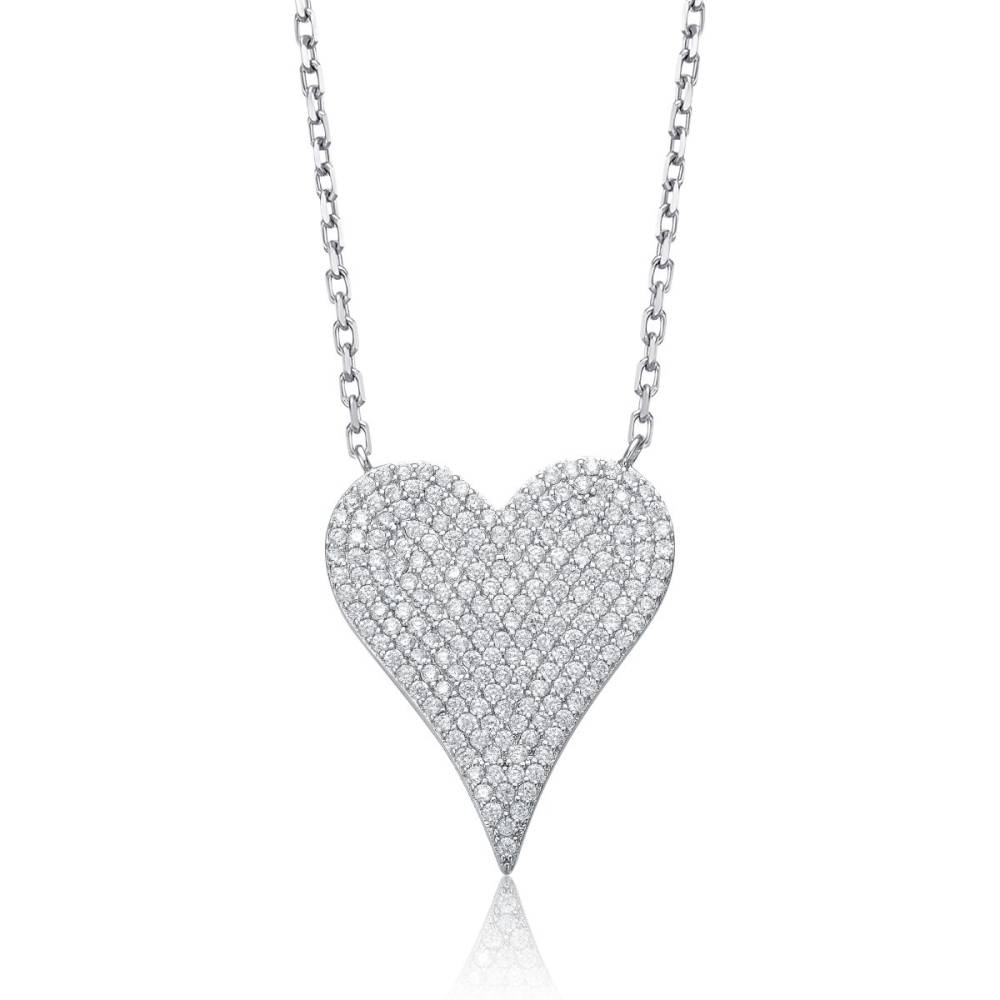 Genevive Sterling Silver with Pave Cubic Zirconia Heart Layering Necklace