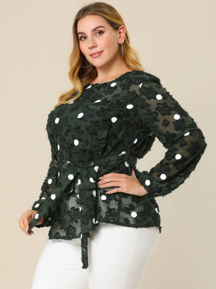 Agnes Orinda - Belted Waisted Polka Dots Lace Long Sleeve Tops
