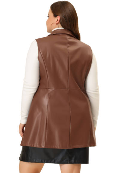 Agnes Orinda - Lapel Sleeveless Casual PU Jacket Vest
