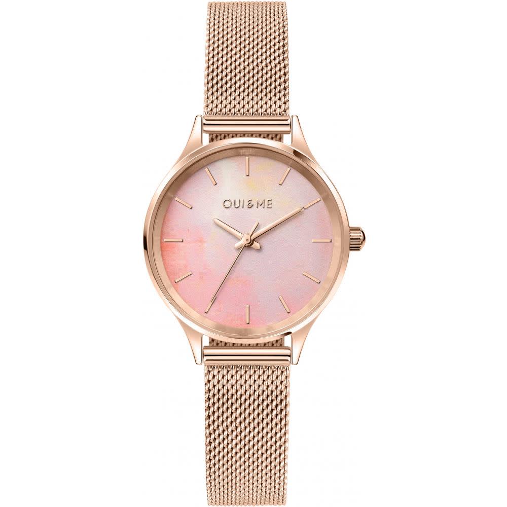 OUI & ME-Bichette 28 mm, montre à 3 aiguilles à cadran rose avec bracelet en maille dorée rose