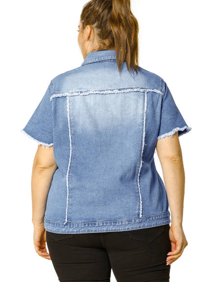 Agnes Orinda - Short Sleeves Button Washed Frayed Denim Jacket