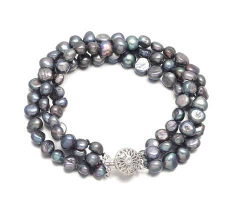 Bracelet à trois rangs en perles de culture d'eau douce noires- Signature Pearls