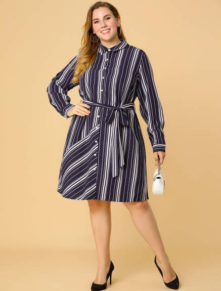Agnes Orinda - Button Up Belted Striped Work Shirtdress