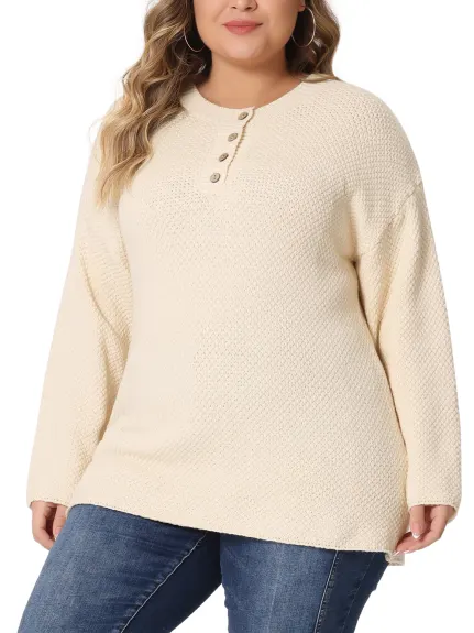 Agnes Orinda - Oversized Button Round Neck Pullover Sweater
