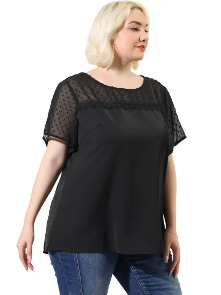 Agnes Orinda - Swiss Dots Short Sleeves Lace Panel Casual Top