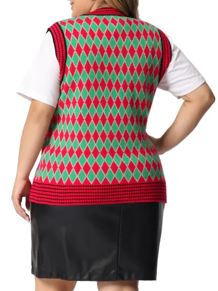 Agnes Orinda - Argyle Plaid V Neck Knit Sweater Vest