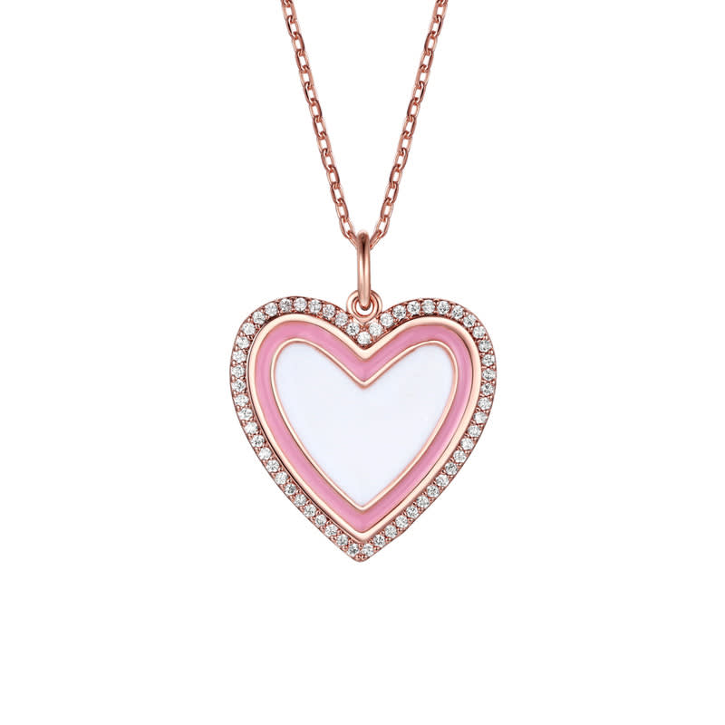 Collier pour enfant plaqué or rose 18 carats avec pendentif cœur en zircone cubique transparent et émail