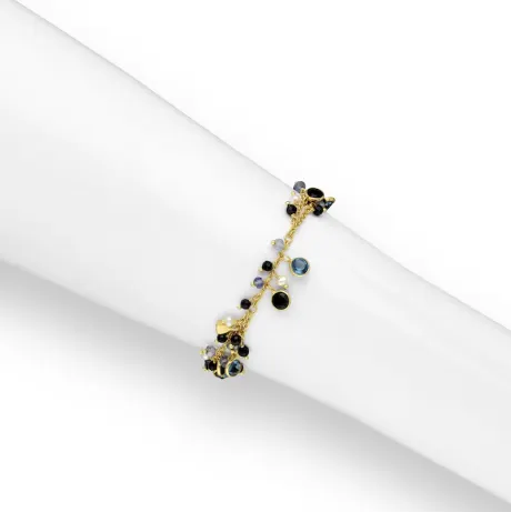 18K Goldtone Plated Sterling Silver Pearl, Black & Blue CZ Clustered Bracelet - AG Sterling
