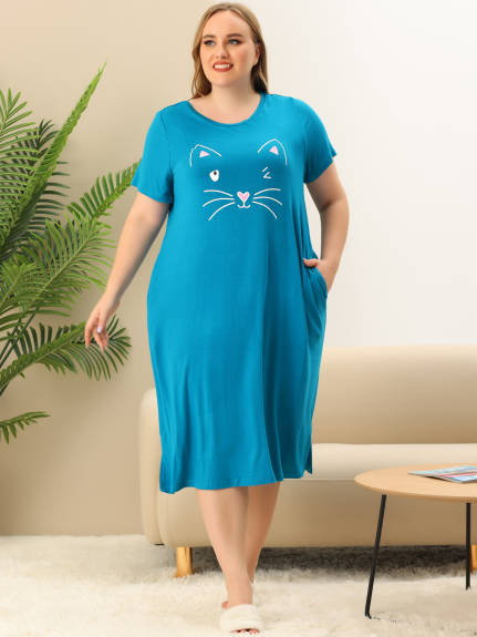 Agnes Orinda - Chemise de nuit confortable Chemise de nuit à poche avec imprimé chat mignon