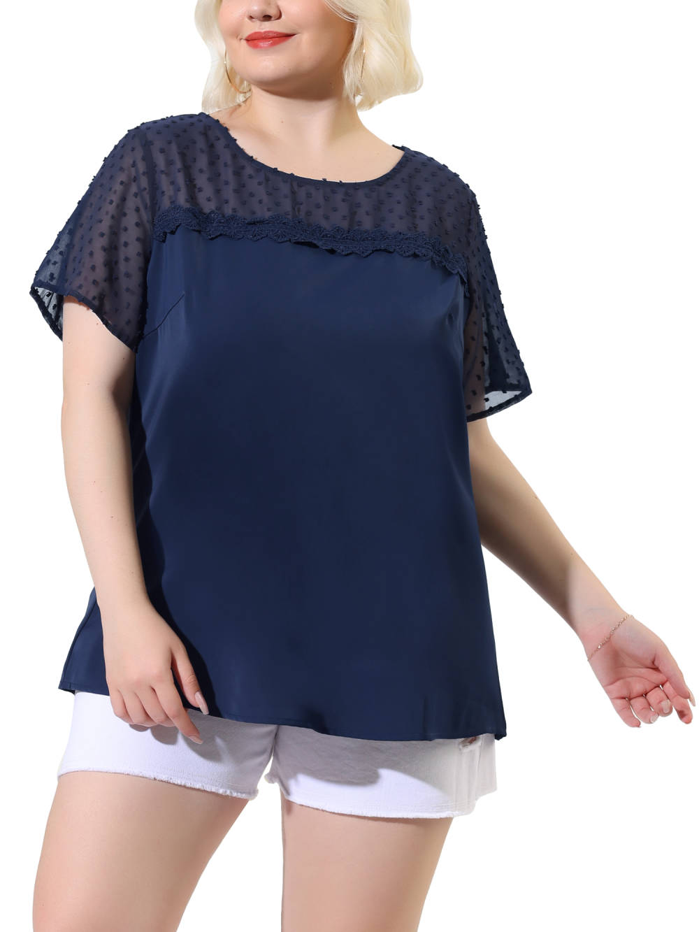 Agnes Orinda - Swiss Dots Short Sleeves Lace Panel Casual Tops