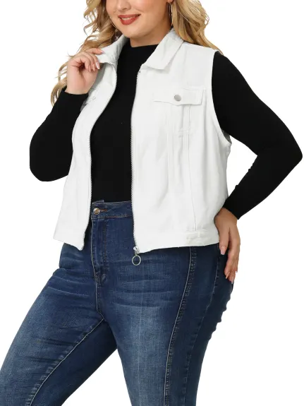 Agnes Orinda - Zip Up Sleeveless Pockets Denim Vest Jacket