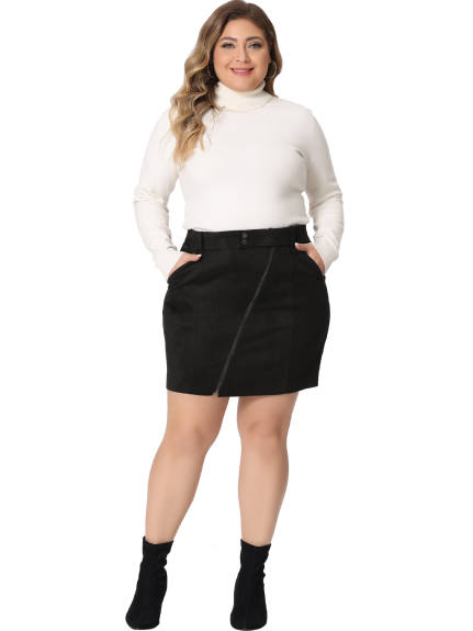 Agnes Orinda - Faux Suede Zipper Front Mini Pencil Skirt