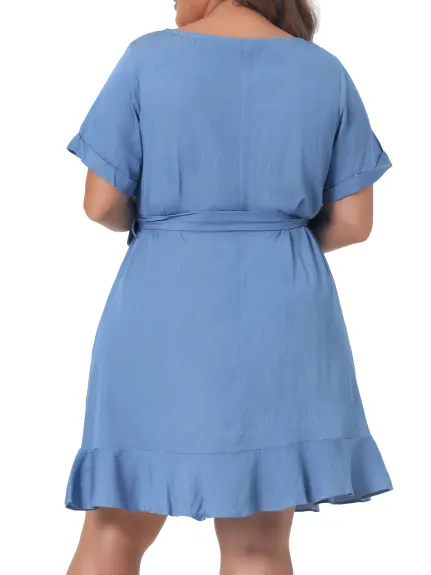 Agnes Orinda - Plain Short Sleeve Ruffle Chambray Midi Dress