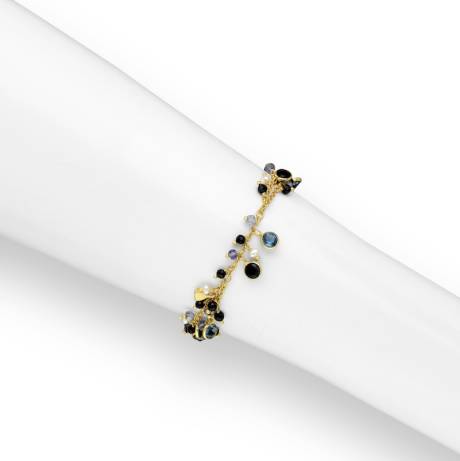 Bracelet en argent sterling plaqué or 18 carats avec perle, zircone cubique noire et bleue en grappe- AG Sterling