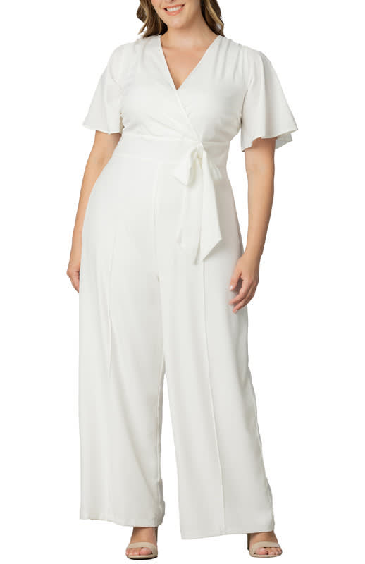 Kiyonna Plus Size Karina Crepe WideLeg White Jumpsuit (Plus Size