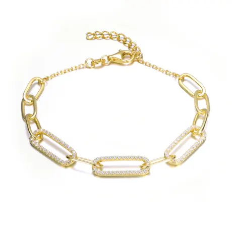 Genevive Bracelet à maillons ovales en argent sterling plaqué or jaune 14 carats avec oxyde de zirconium transparent pavé français – Longueur réglable