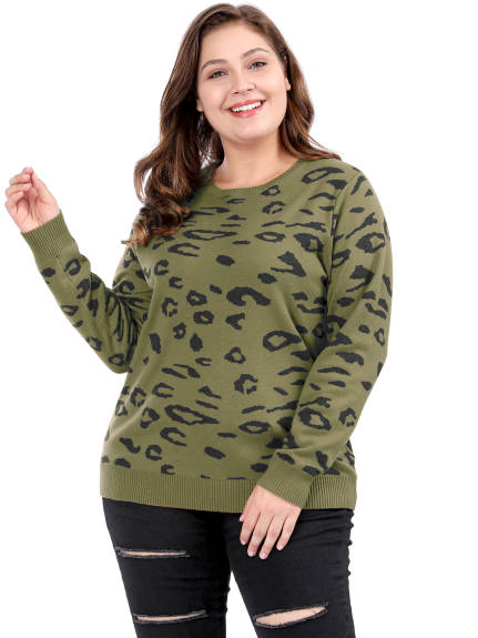 Agnes Orinda - Crew Neck Knitted Leopard Sweater Pullover