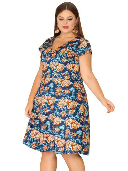 Agnes Orinda - Deep V Neck Cap Sleeve Summer Floral Dress