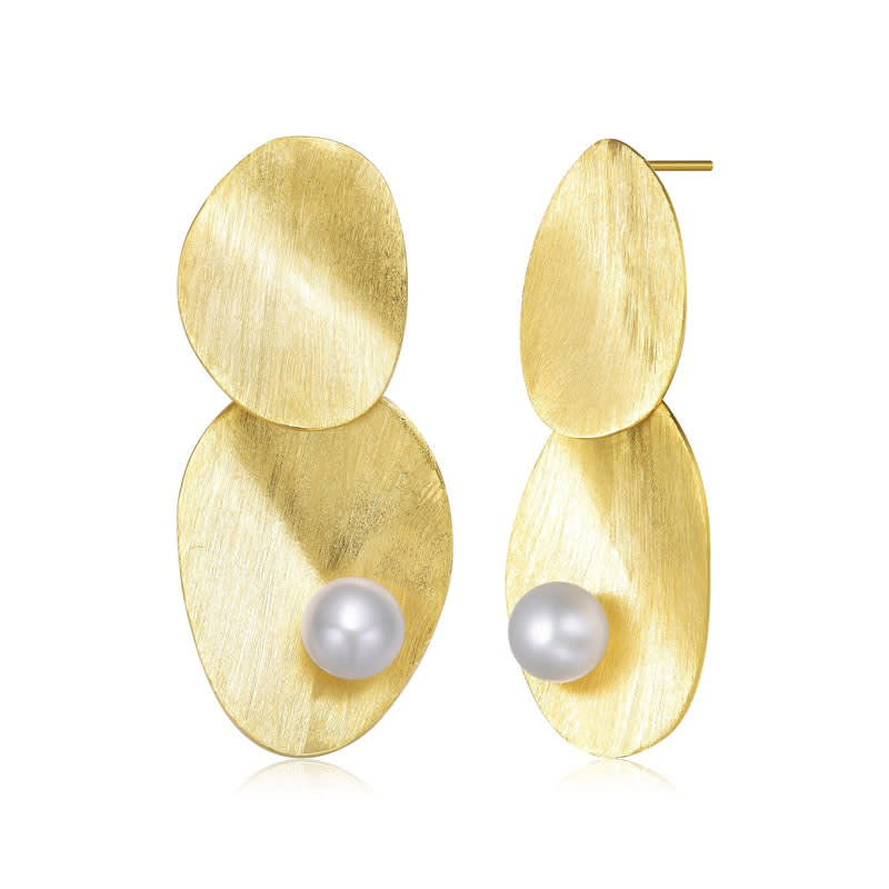Genevive Sterling Silver 14k Yellow Gold Plated with Genuine Freshwater Pearl Unique Dangle Earrings
