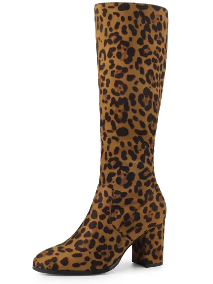 Allegra K - Round Toe Solid Chunky Heels Knee High Boots