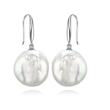 Boucles d'oreilles pendantes en perle de culture d'eau douce blanche en forme de pièce de monnaie- Signature Pearls