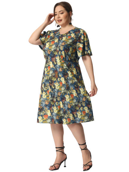 Agnes Orinda - Short Sleeve Fit Flare Midi Floral Dress