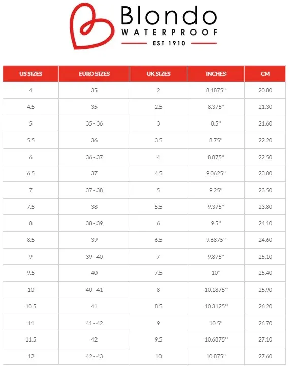 Blondo size chart on sale