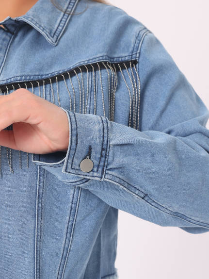 Agnes Orinda - Frayed Hem Button Cropped Denim Jackets