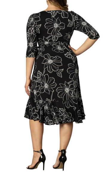 Kiyonna Flirty Flounce Midi Wrap Dress with 3/4 Sleeves (Plus Size)