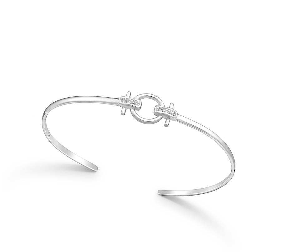 Sterling Silver Dainty Geometric Bangle with Cubic Zirconia - Ag Sterling