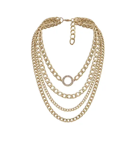 Goldtone Chain Link Layered Necklace with Crystal Pave Circle Detail- Don't AsK
