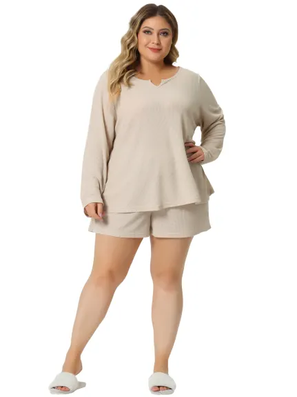 Agnes Orinda - Waffle Long Sleeve Top and Shorts Loungewear Set