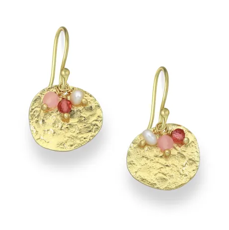 18K Goldtone Plated Sterling Silver Hammered Circular & Pink Mix CZ Gemstone Drop Earrings- AG Sterling