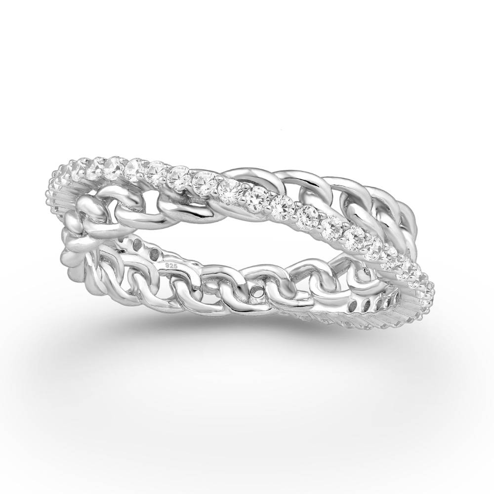 Sterling Silver Chain Link & CZ Pave Crossover Ring - Ag Sterling
